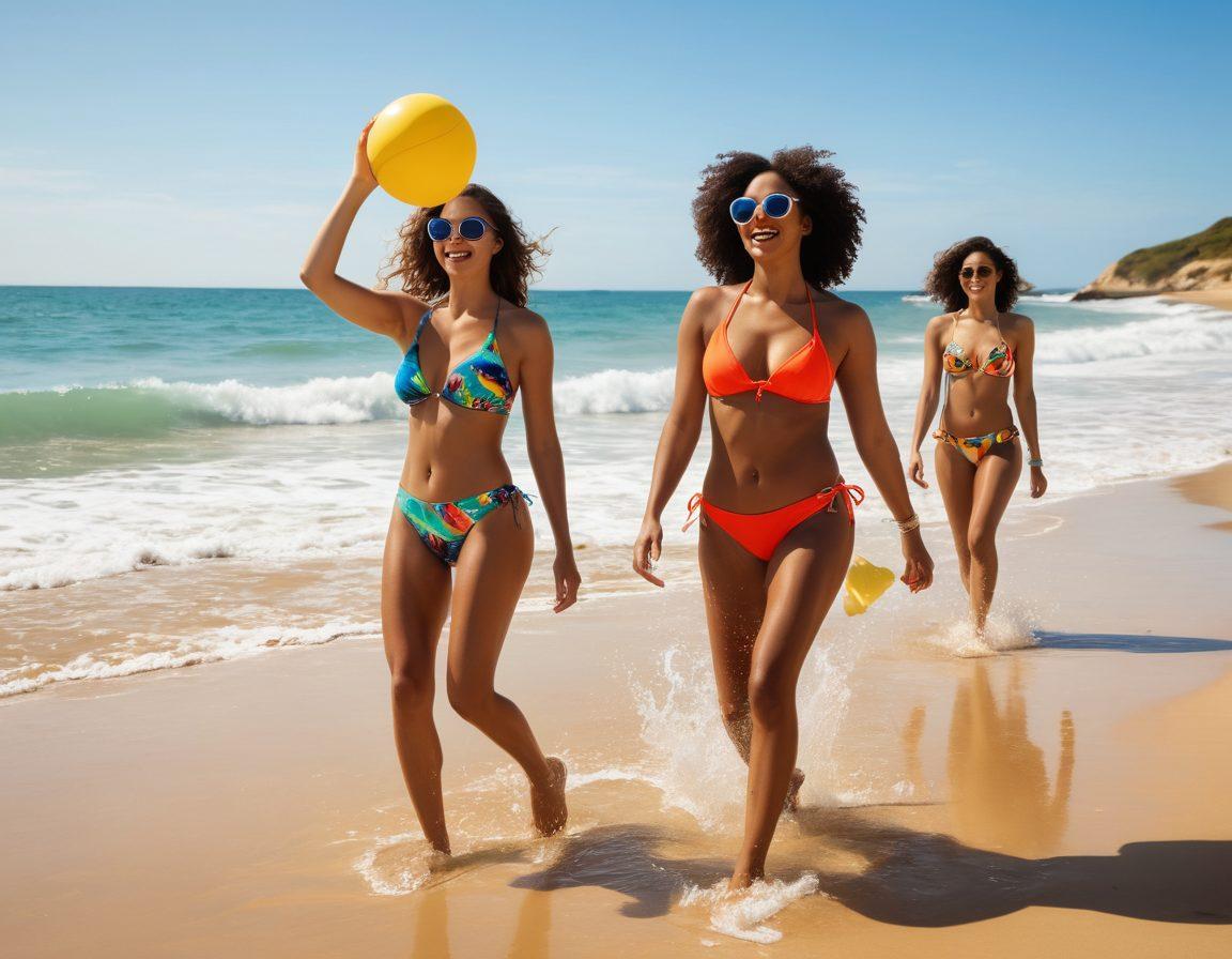 A vibrant beach scene showcasing colorful swimwear designs from the Riley Collection. Models of diverse backgrounds are playfully splashing in the waves, wearing stylish swimsuits that reflect the sunlight. Include beach accessories like sunglasses and towels scattered on the sand, along with playful beach balls. The atmosphere should be bright and joyful, embodying a lively summer vibe. bright colors. realistic style. beach background.